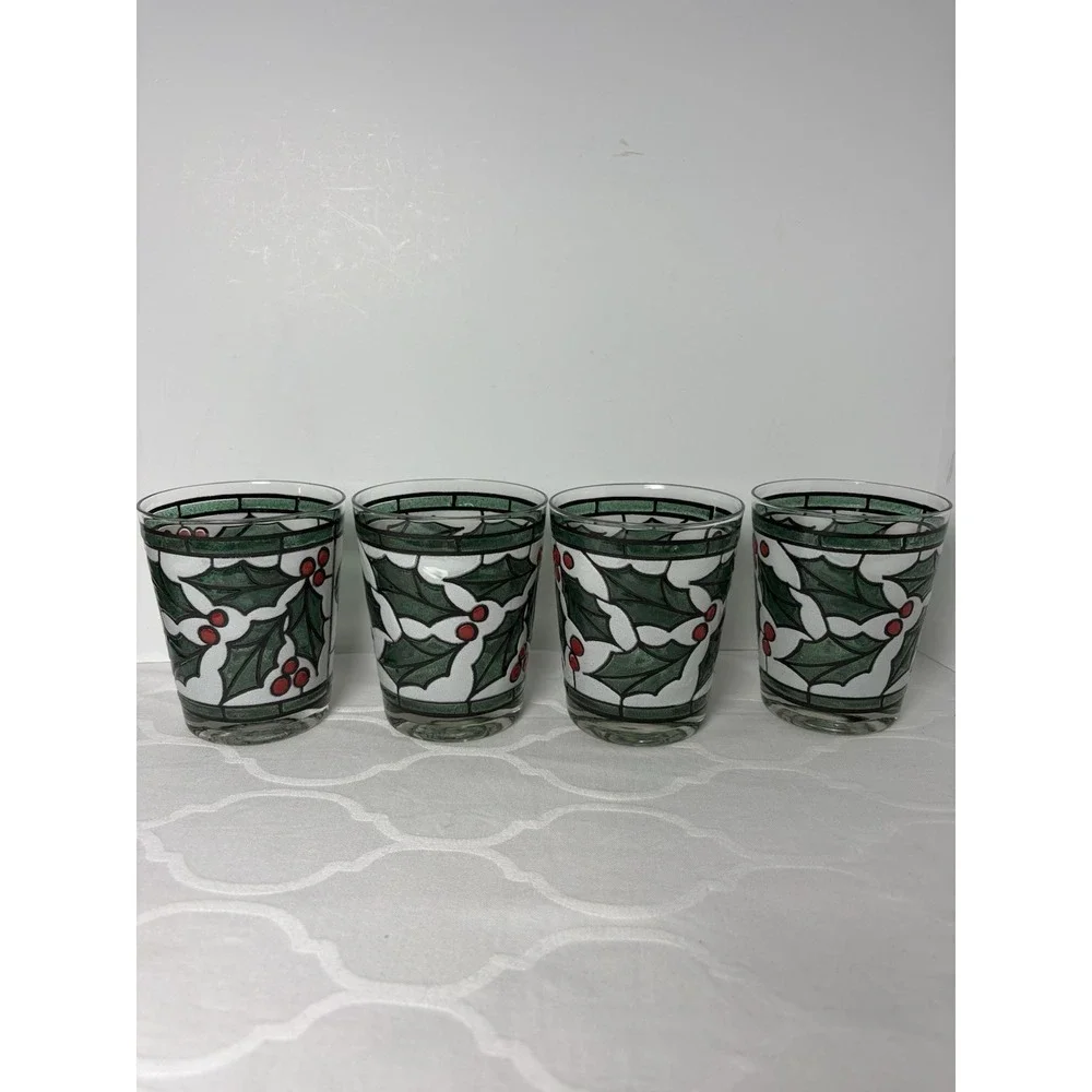 4 West Virginia Snowy Holly Berry Stained Glass On Rocks Christmas Glasses Set